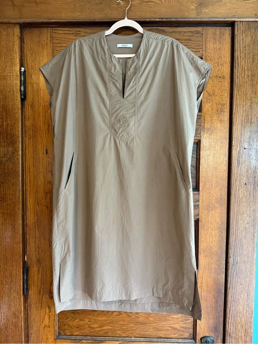 ODEEH 100% Cotton Oversized Shift Dress Tunic Lagenlook Short Sleeves Tan 36